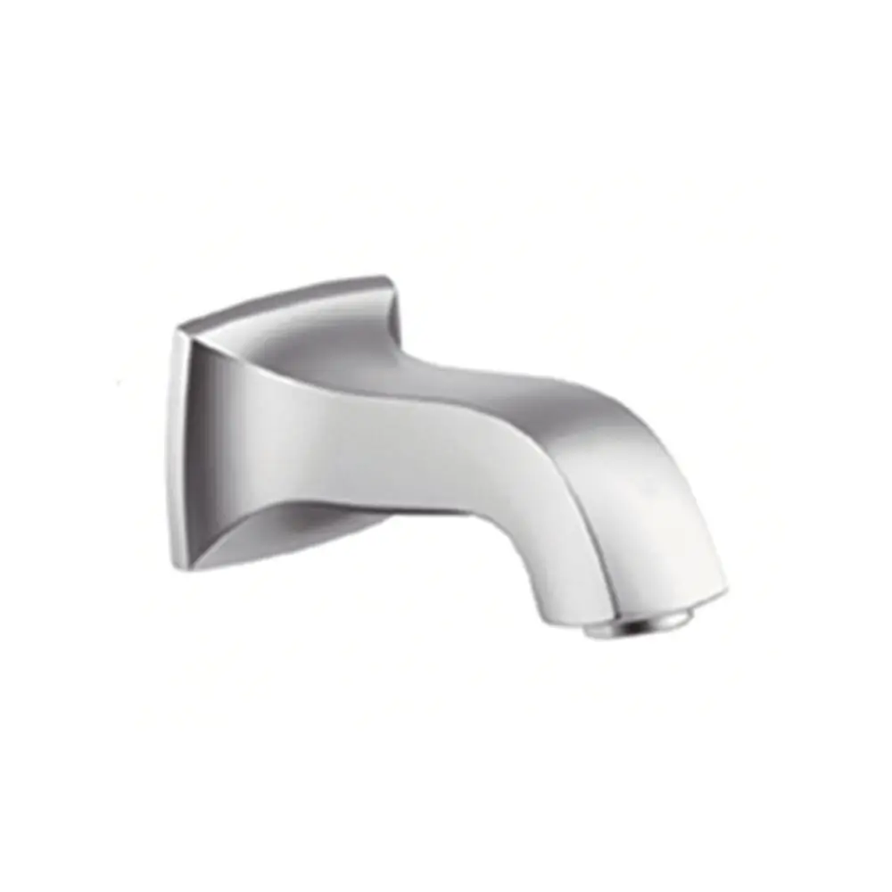 Chromfarbener Wanneneinlauf von Hansgrohe mit geschwungenem Auslauf und rechteckiger Wandplatte, geeignet für Badezimmeranwendungen.